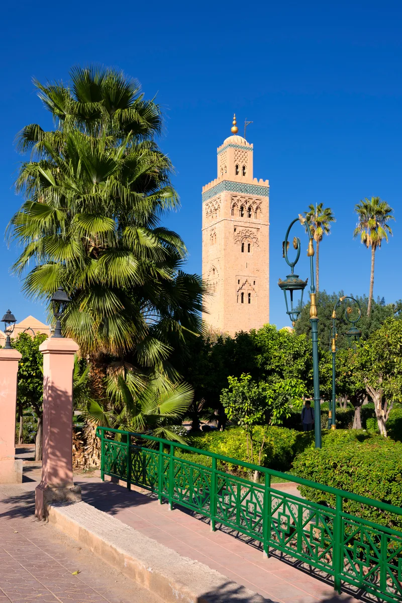 Vertical View Famous Koutoubia Mosque With Garden