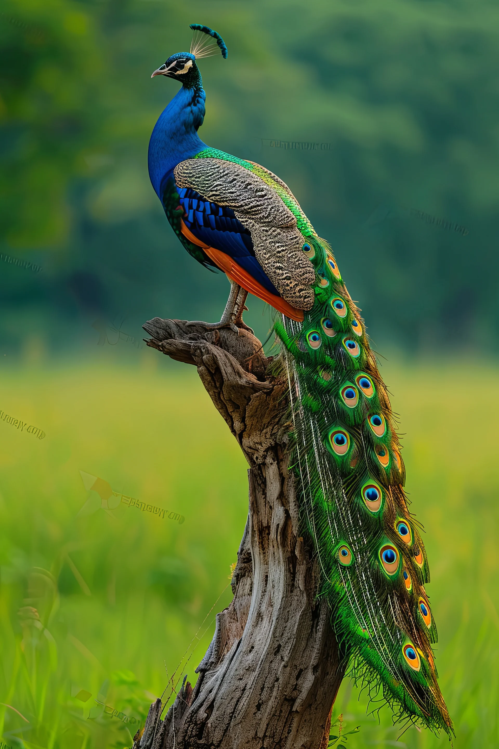 Vibrant Peacock With Its Tail Feathers Spread Stands Tree Stump Green Field. Nature wallpaper. 5376×8064px. Free download …