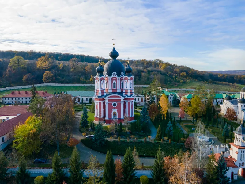 View Curchi Monastery From Drone Churches Other Buildings Green Lawns Walk Paths Hills With Greenery Distance Moldova