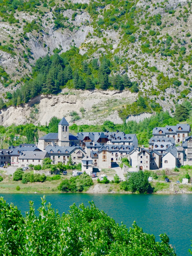 View Lanuza Village From Opposite Side Gallego River Huesca Aragon Spanish Pyrenees Spain