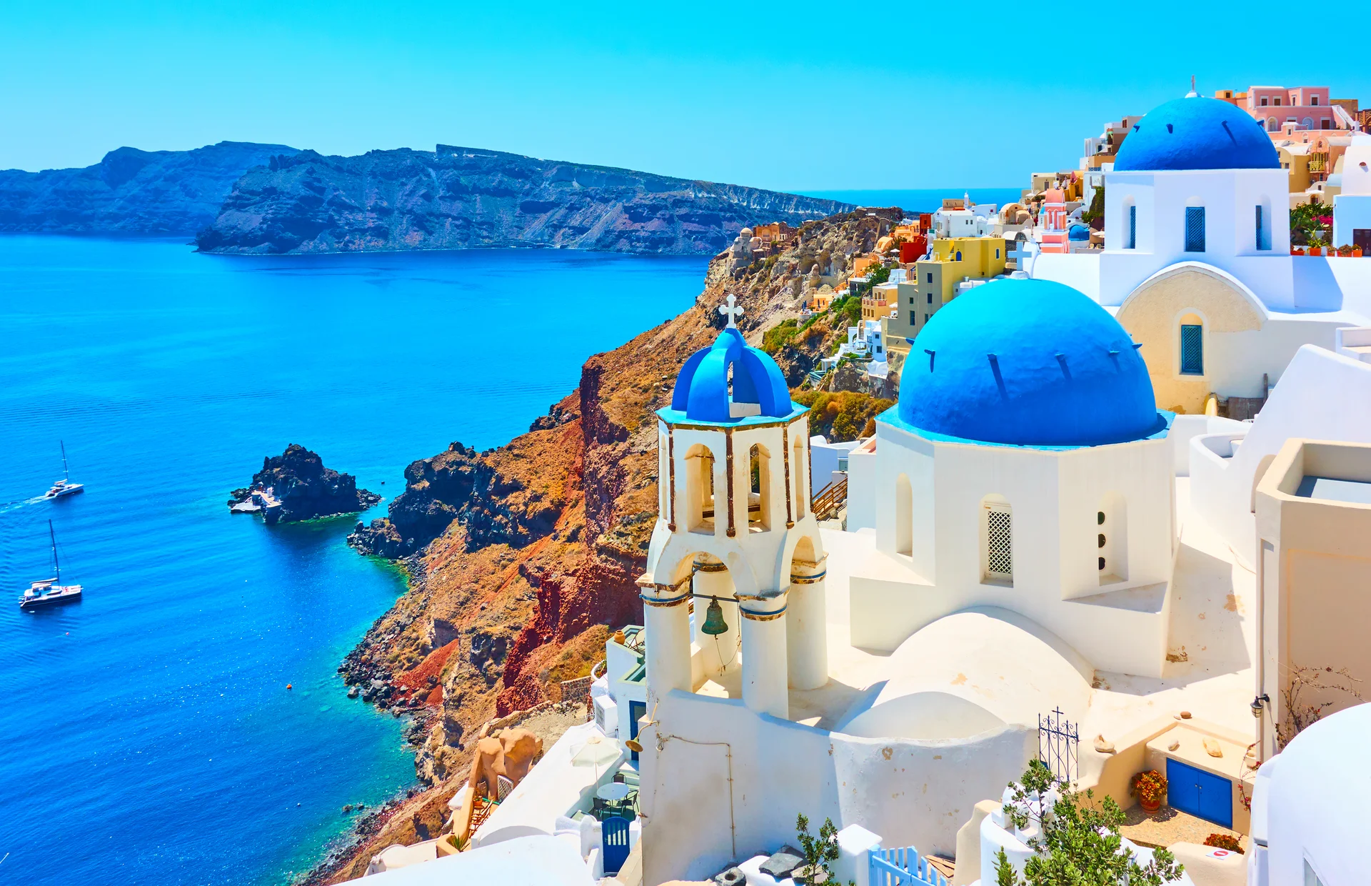 View Oia Town Santorini Greece. Aerial wallpaper. 5647×3648px. Free download for personal use.