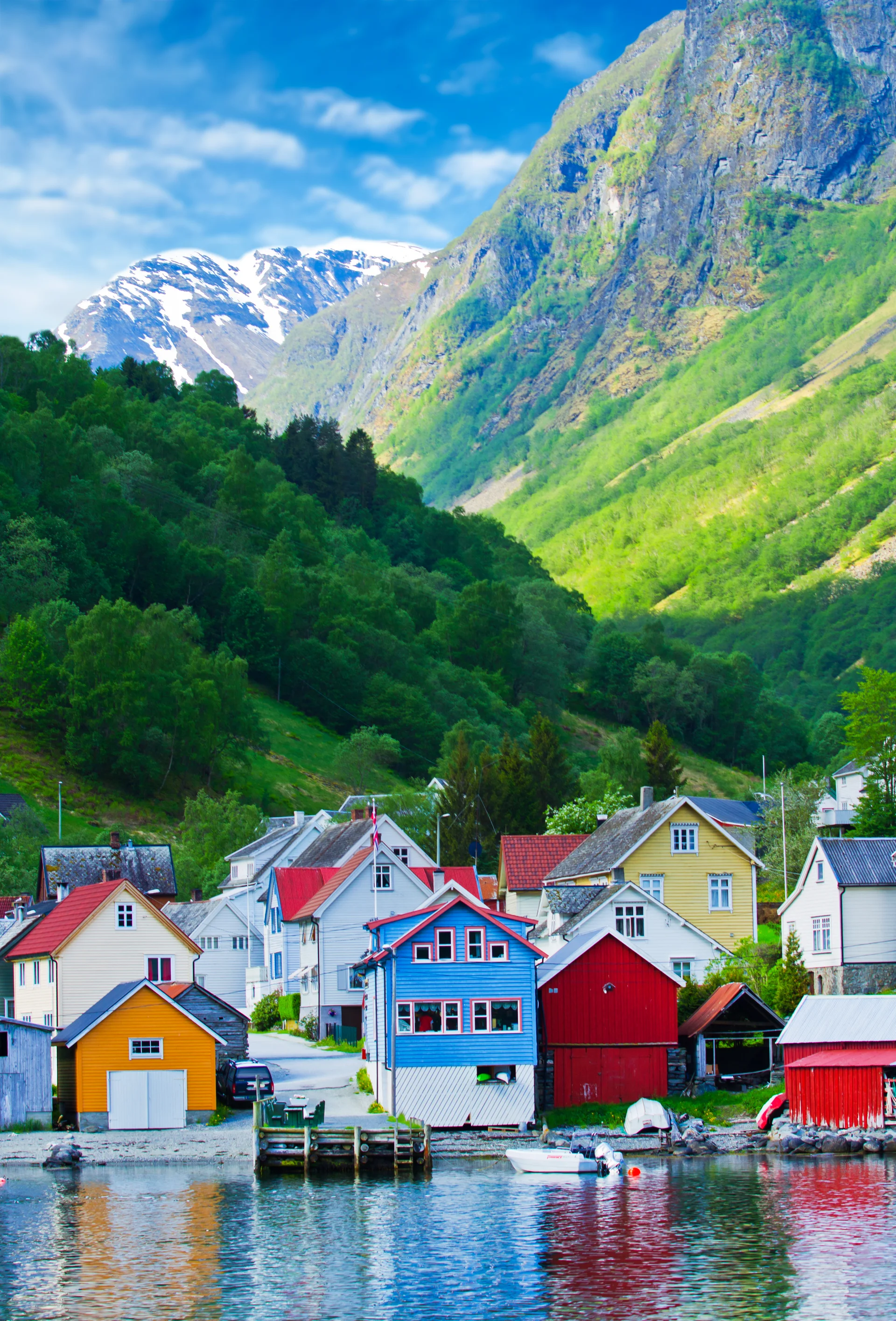 Village Sea View Mountains Geiranger Fjord Norway. Nature wallpaper. 2442×3600px. Free download for personal use.