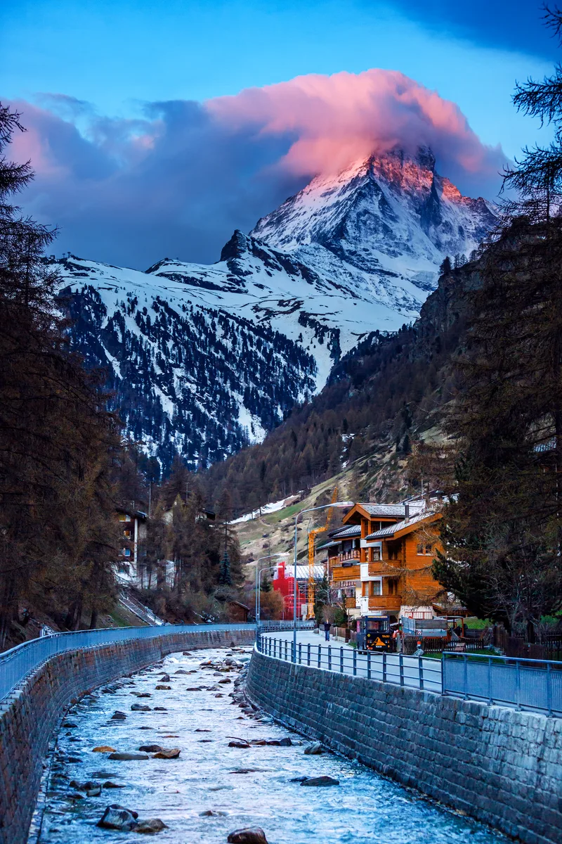 Village Zermatt With Matterhorn Mountain Background Sunset Switzerland