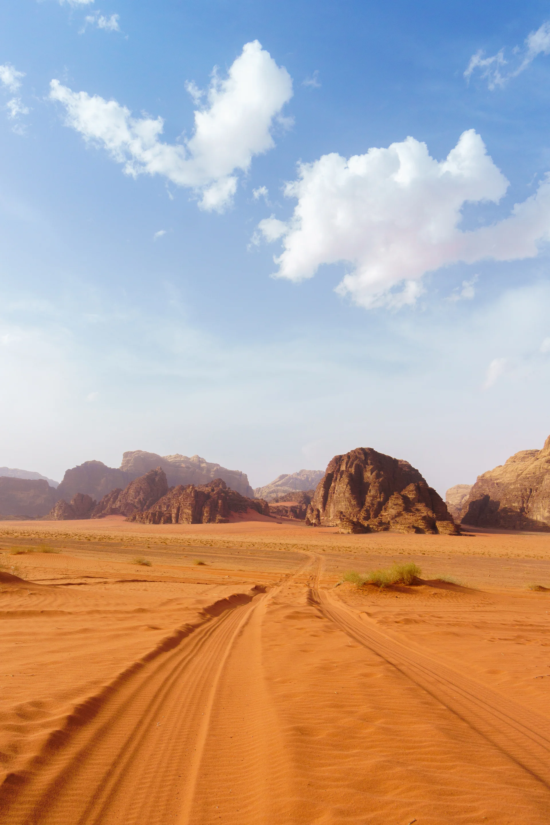 Wadi Rum Desert Jordan Middle East Known As Valley Moon Orange Sand Blue Sky Haze Clouds Designation As Unesco World Herit…