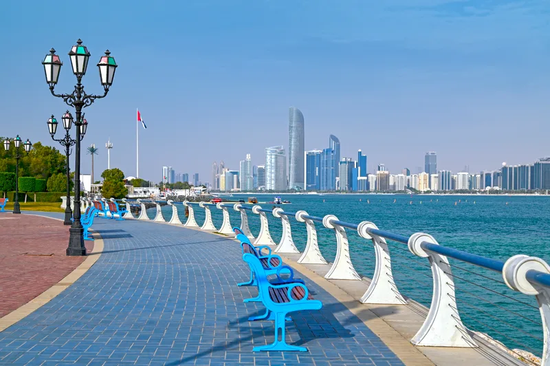 Waterfront View Abu Dhabi With Sea Skyscrapers From Corniche Embankment