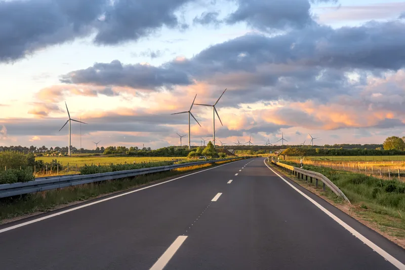 Wind Turbines Road Rural Landscape Sunset Sky