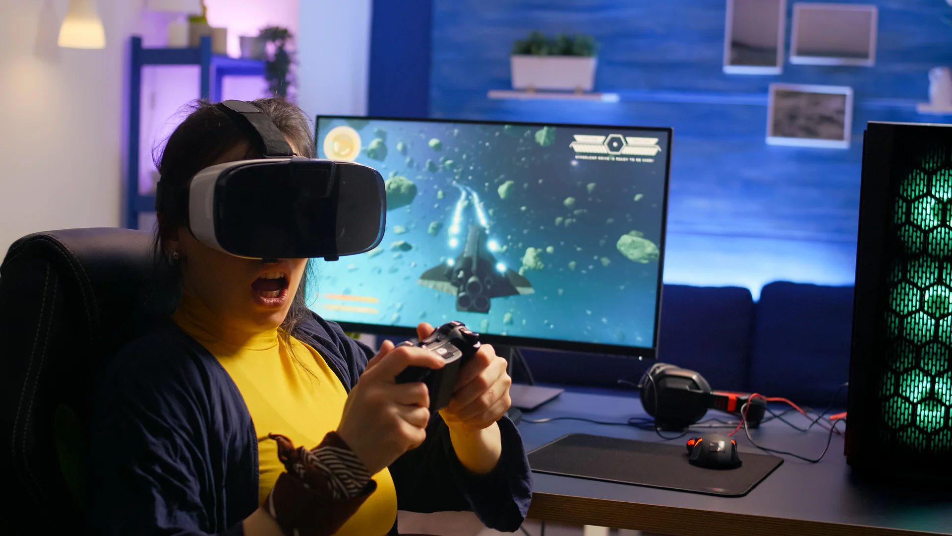 Winner Gamer Wearing Virtual Reality Goggles Playing Space Shooter Video Games Room With Rgb. Gaming wallpaper. 3840×2160p…