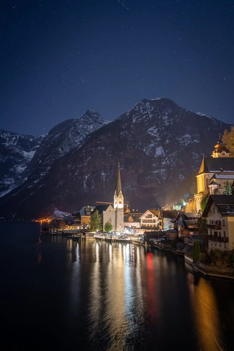 Wonderful Cozy Town Bank Lake Illuminated Night Vertical Hallstatt Austria Europe