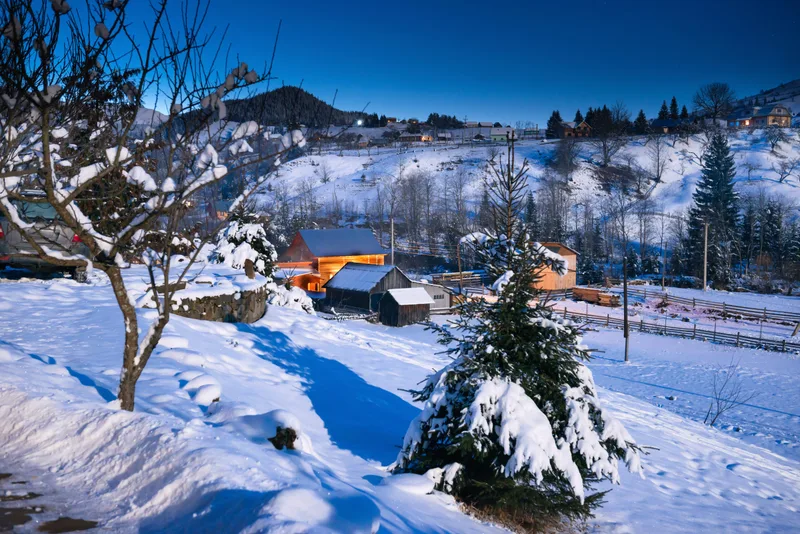 Wooden Houses Village Snow Winter Night Blue Dark Sky With Stars