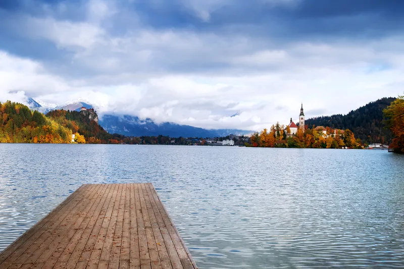Wooden Pier Alpine Lake Bled Autumn Slovenia Europe