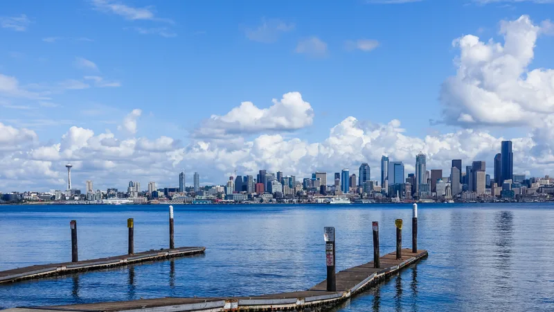 Wooden Pier Sea With City Seattle Usa Beautiful Clouds