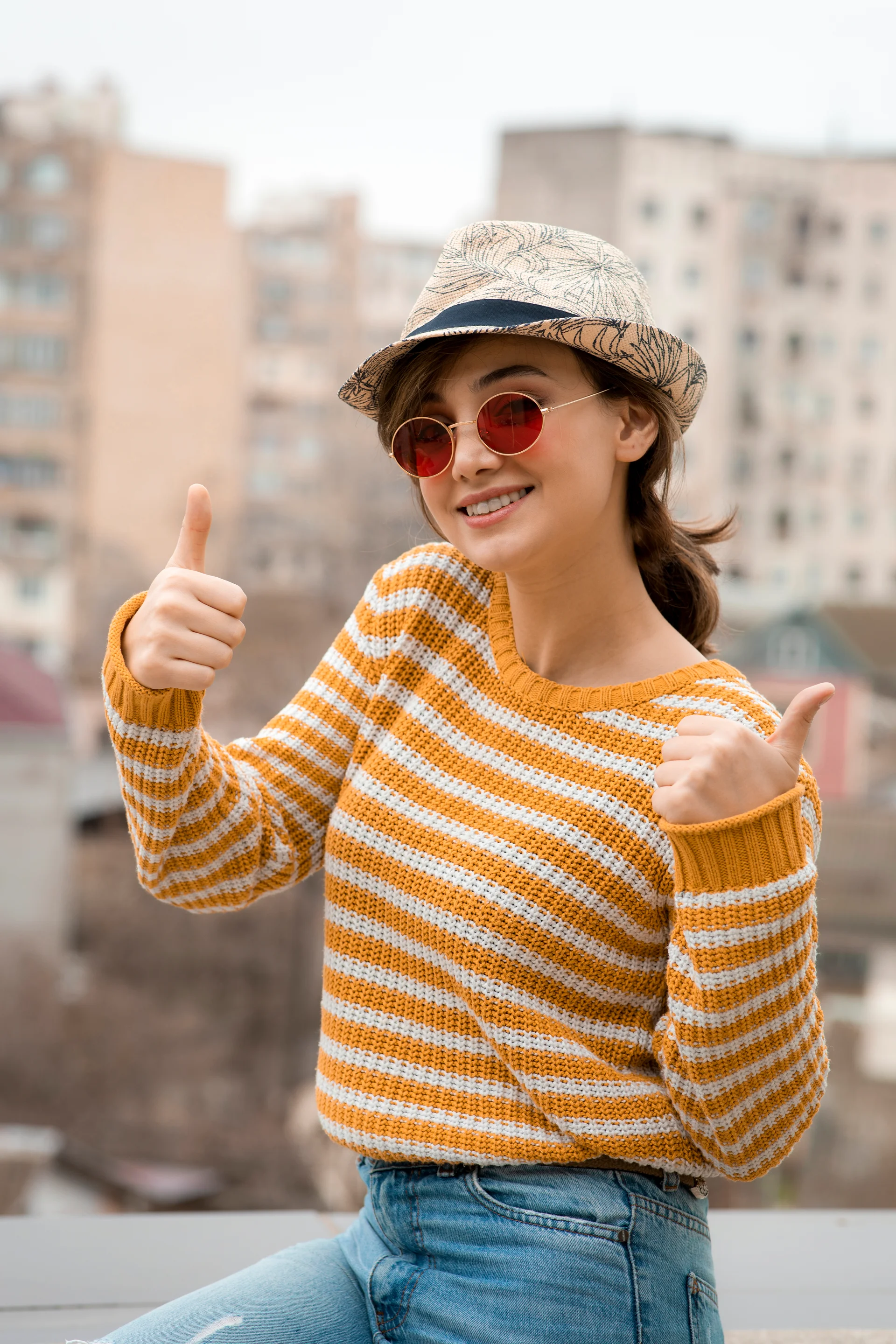 Young Cute Woman Cap Glasses Posing Outside Showing Thumbs Up High Quality Photo. Uncategorized wallpaper. 4480×6720px. Fr…